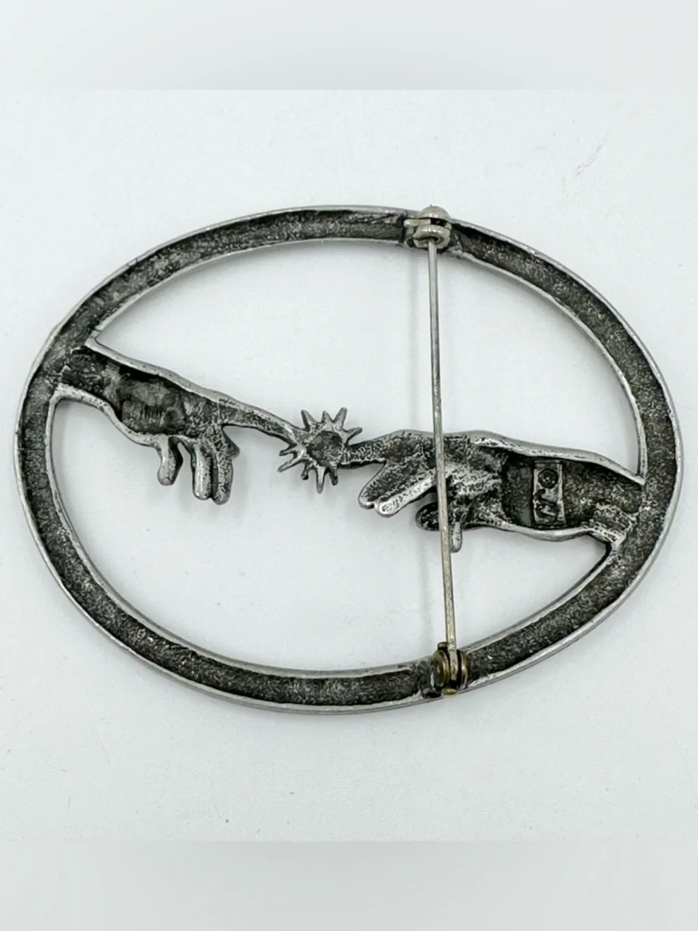 JJ Signed Vintage Creation of Adam Eve Da Vinci Hand of God Oval Pin Brooch